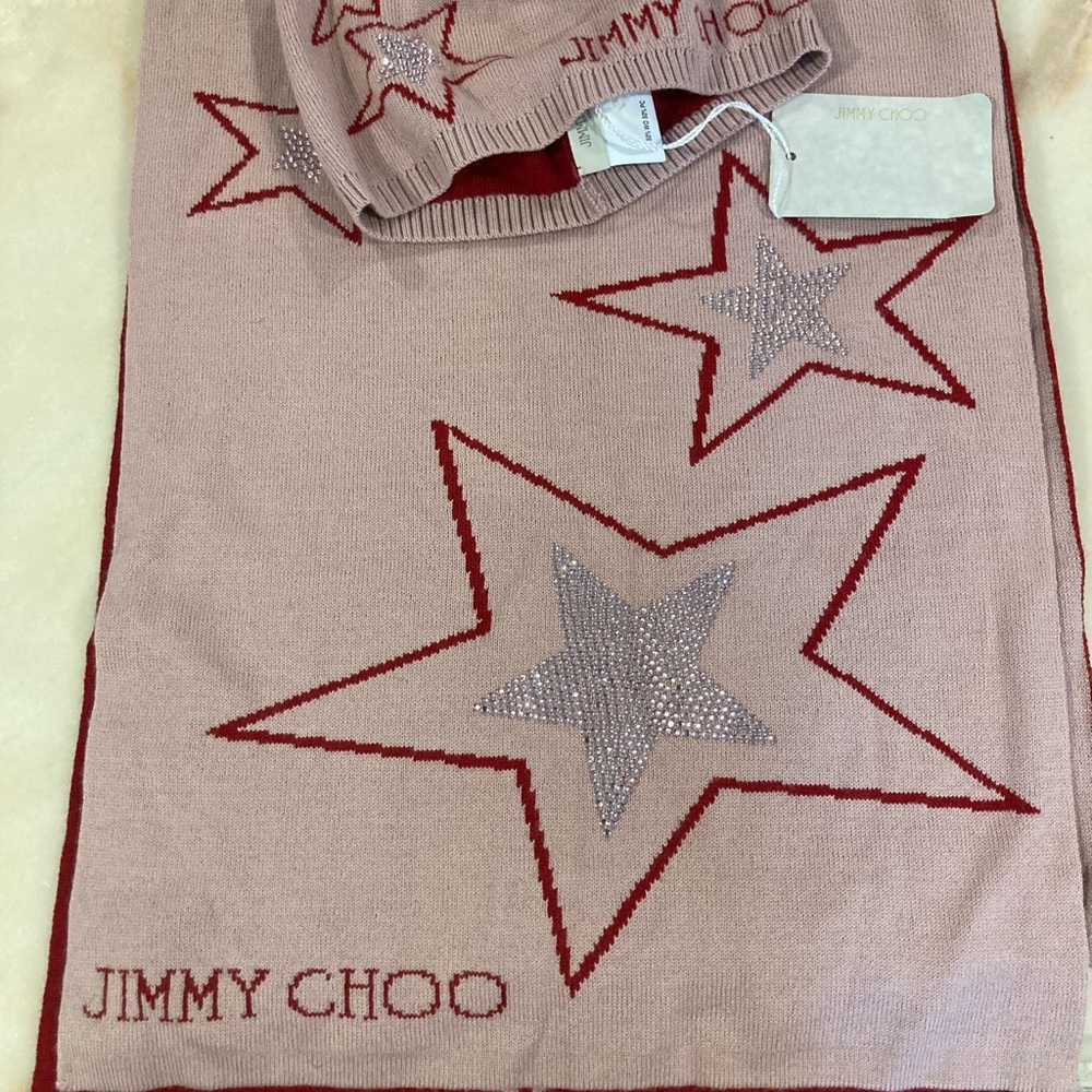 Authentic Jimmy Choo Star Hat and Scarf in Pink/Red